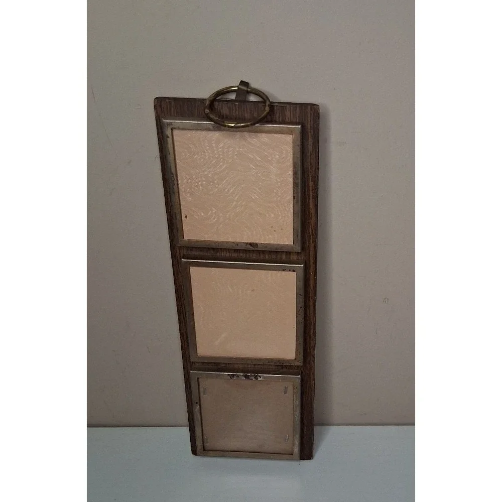 Vintage 3 Opening Picture Frame Wood Metal Trim Vertical Wall Hanging Collage